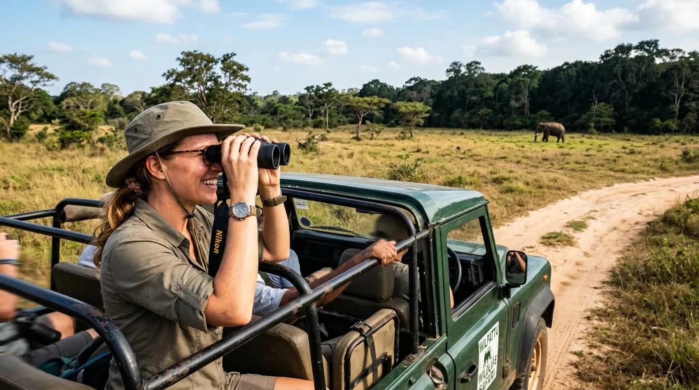 Travelers enjoying a scenic island road trip with a private car driver in Sri Lanka.